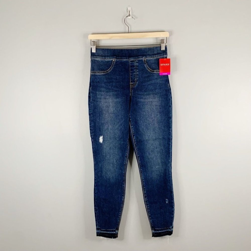 Spanx Distressed Denim Leggings Medium Wash High Rise Control Top Blue Small S
